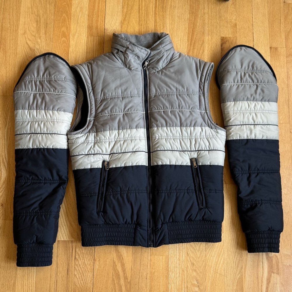 Vintage D&G Dolce & Gabbana Men's Gray and Blue Merino Wool Lined Puffer Jacket